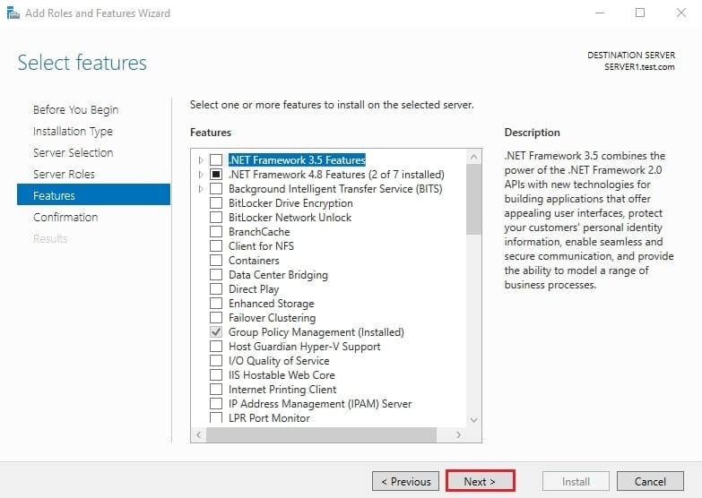 صفحه Select features در ویزارد نصب Data Deduplication که نشان میدهد هیچ ویژگی اضافی برای نصب حذف داده تکراری ویندوز انتخاب نشده است.