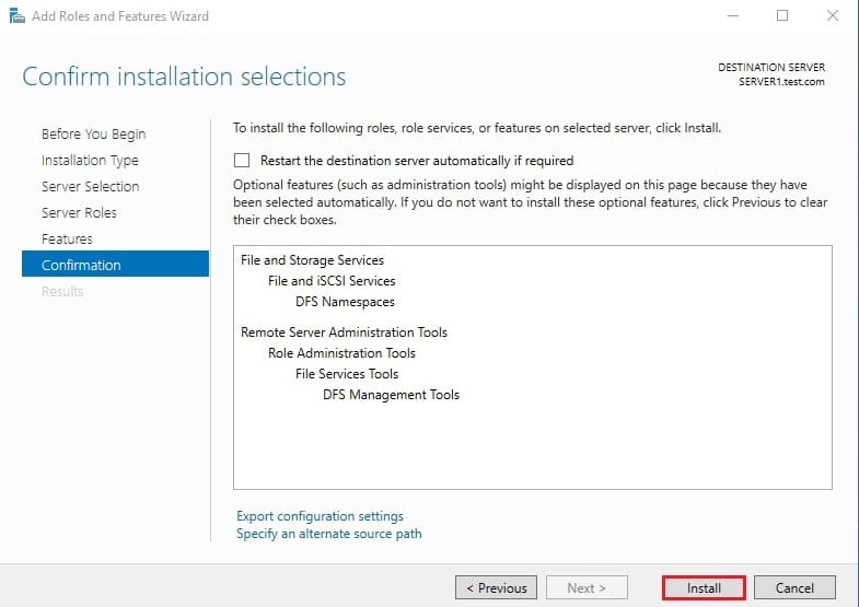 صفحه Confirm installation selections با خلاصه موارد انتخابی برای نصب DFS Namespaces و کلیک بر روی Install جهت پیکربندی DFS Namespaces ویندوز سرور.