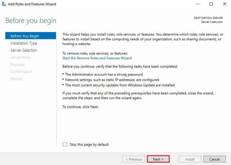 صفحه Before You Begin ویزارد Add Roles and Features قبل از انتخاب نوع نصب برای File Server Resource Manager.