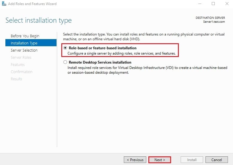 انتخاب گزینه Role-based or feature-based installation در ویزارد نصب برای افزودن سرویس نقش File Server Resource Manager به ویندوز سرور.