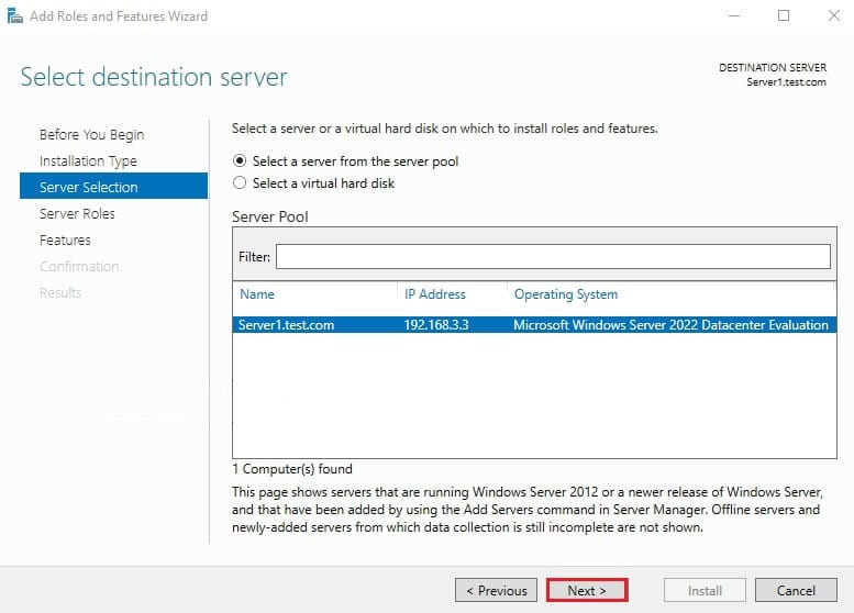 انتخاب سرور مورد نظر از لیست Server Pool در ویزارد Add Roles and Features برای نصب File Server Resource Manager (FSRM).