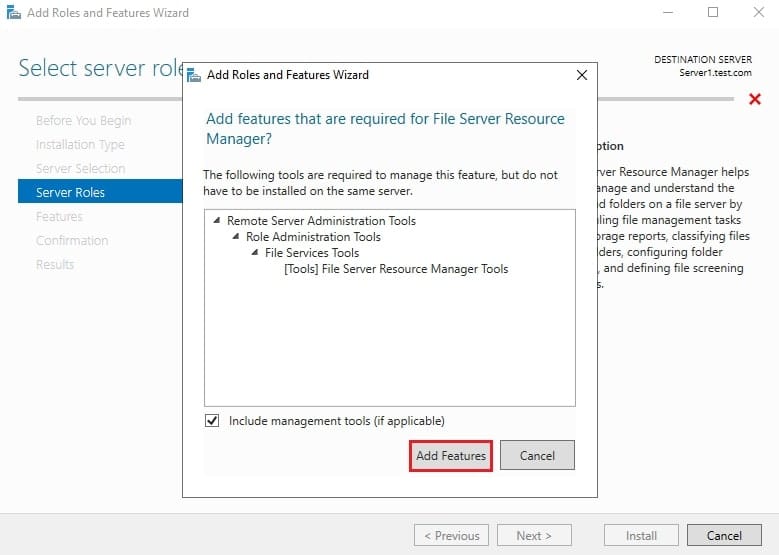پنجره Add features required for File Server Resource Manager که نصب ابزارهای مدیریتی FSRM را پیشنهاد میدهد.