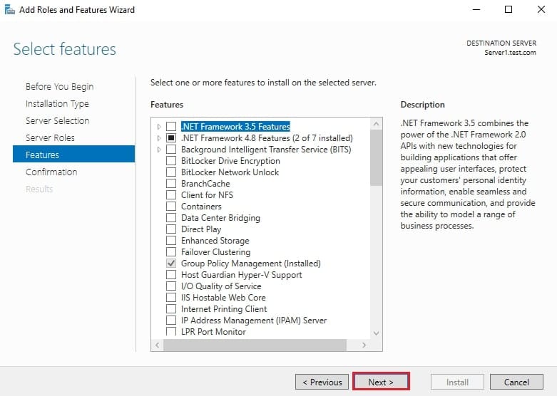 صفحه Select features در ویزارد نصب FSRM، در این مرحله ویژگی اضافی برای مدیریت Quota با FSRM انتخاب نمیشود.
