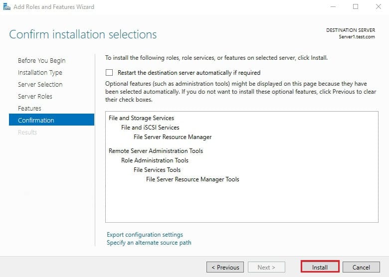 صفحه Confirm installation selections قبل از شروع نصب FSRM با لیست موارد انتخابی برای فعالسازی سهمیه بندی پوشه ویندوز سرور.