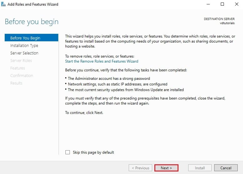 صفحه Before You Begin ویزارد Add Roles and Features قبل از انتخاب نوع نصب برای Hyper-V.