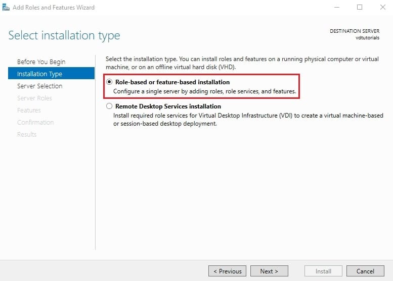 انتخاب گزینه Role-based or feature-based installation در ویزارد نصب برای افزودن نقش Hyper-V به ویندوز سرور.