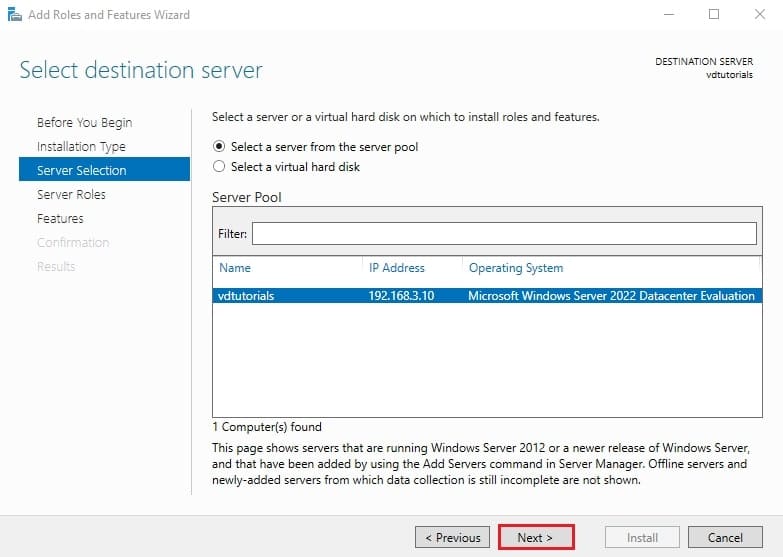 انتخاب سرور مورد نظر از لیست Server Pool در ویزارد Add Roles and Features برای نصب Hyper-V.