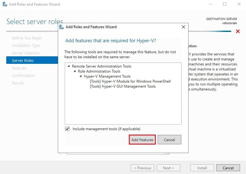 پنجره Add features required for Hyper-V که نصب ابزارهای مدیریتی Hyper-V مانند Hyper-V Manager را پیشنهاد می‌دهد.