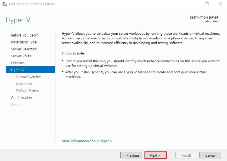 صفحه توضیحات اولیه مربوط به نقش Hyper-V قبل از شروع پیکربندی‌های اولیه آن.