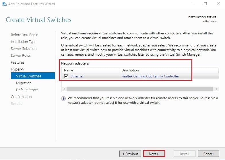 صفحه Create Virtual Switches در ویزارد نصب Hyper-V که امکان انتخاب کارت شبکه فیزیکی برای اتصال ماشین‌های مجازی به شبکه را فراهم می‌کند.