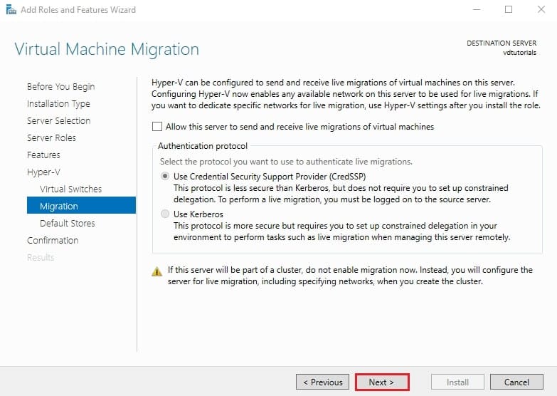 صفحه Virtual Machine Migration در ویزارد نصب Hyper-V برای فعال‌سازی یا غیرفعال‌سازی قابلیت Live Migration.