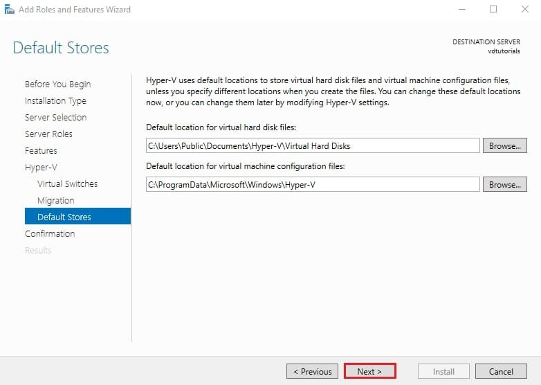 صفحه Default Stores در ویزارد نصب Hyper-V برای مشخص کردن محل ذخیره فایل‌های هارد دیسک مجازی و فایل‌های پیکربندی VM.