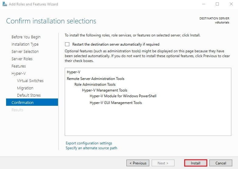 صفحه Confirm installation selections قبل از شروع نصب Hyper-V با لیست موارد انتخابی و گزینه ری‌استارت خودکار سرور فعال شده.