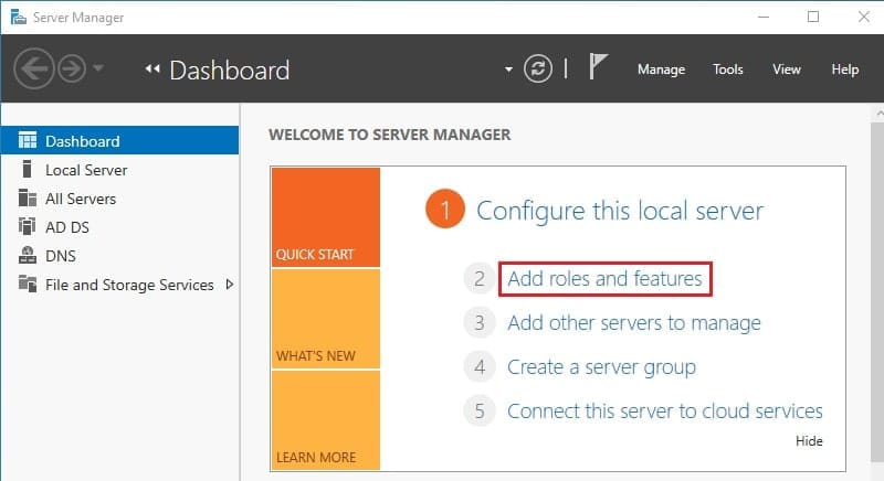 اسکرینشات Server Manager در ویندوز سرور 2022 با گزینه Add roles and features هایلایت شده برای شروع نصب وب سرور IIS.