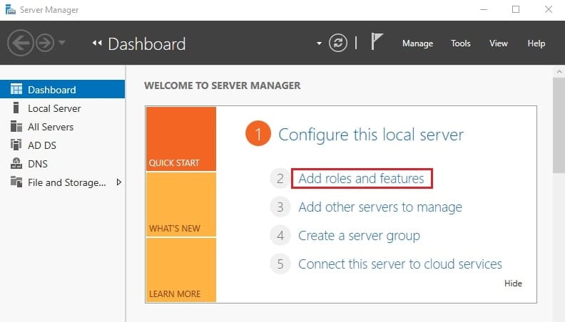 اسکرین‌شات Server Manager در ویندوز سرور 2022 با گزینه Add roles and features هایلایت شده برای شروع نصب iSCSI Target Server جهت پیکربندی iSCSI ویندوز سرور.
