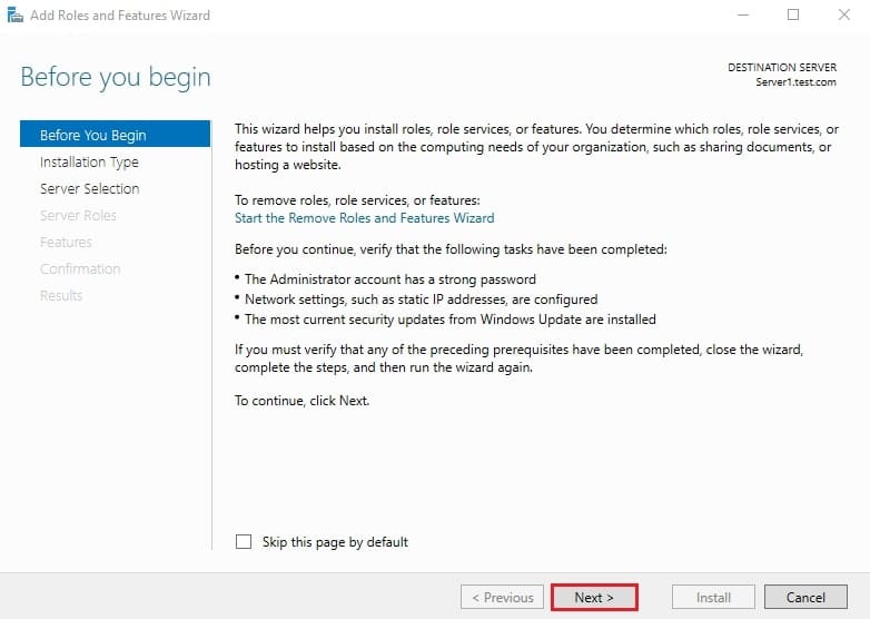 صفحه Before You Begin ویزارد Add Roles and Features قبل از انتخاب نوع نصب برای سرویس iSCSI Target Server.
