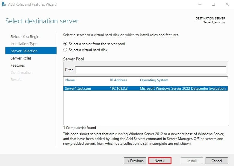 انتخاب سرور server1.test.com از لیست Server Pool در ویزارد Add Roles and Features برای نصب سرویس iSCSI Target Server.