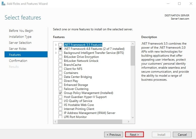 صفحه Select features در ویزارد نصب iSCSI Target Server، که در این مرحله ویژگی اضافی برای مدیریت ذخیره‌سازی iSCSI انتخاب نمی‌شود.