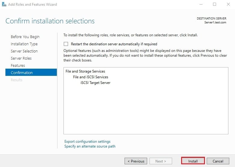صفحه Confirm installation selections قبل از شروع نصب iSCSI Target Server با لیست موارد انتخابی برای فعال‌سازی پیکربندی iSCSI ویندوز سرور.
