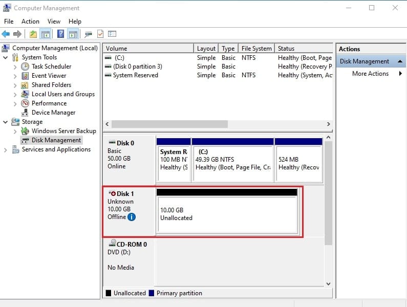 کنسول Disk Management در سرور iSCSI Initiator که دیسک جدید iSCSI (مثلاً Disk 1) با وضعیت Offline و فضای Unallocated را نمایش می‌دهد، آماده برای مدیریت ذخیره‌سازی iSCSI.