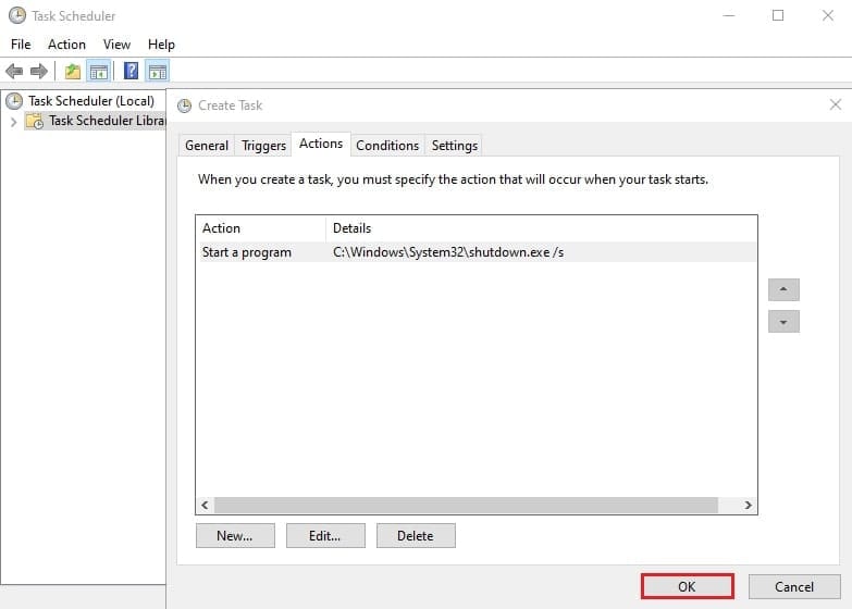نمای کلی تب Actions پس از افزودن عملیات Start a program با shutdown.exe /s.