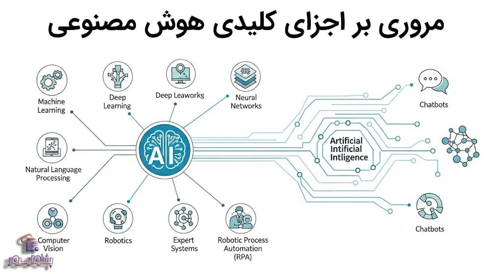 دیاگرام منظره فناوری هوش مصنوعی شامل محاسبات نورومورفیک، سیستم‌های خبره، یادگیری عمیق، شبکه‌های عصبی و سایر کاربردهای هوش مصنوعی.