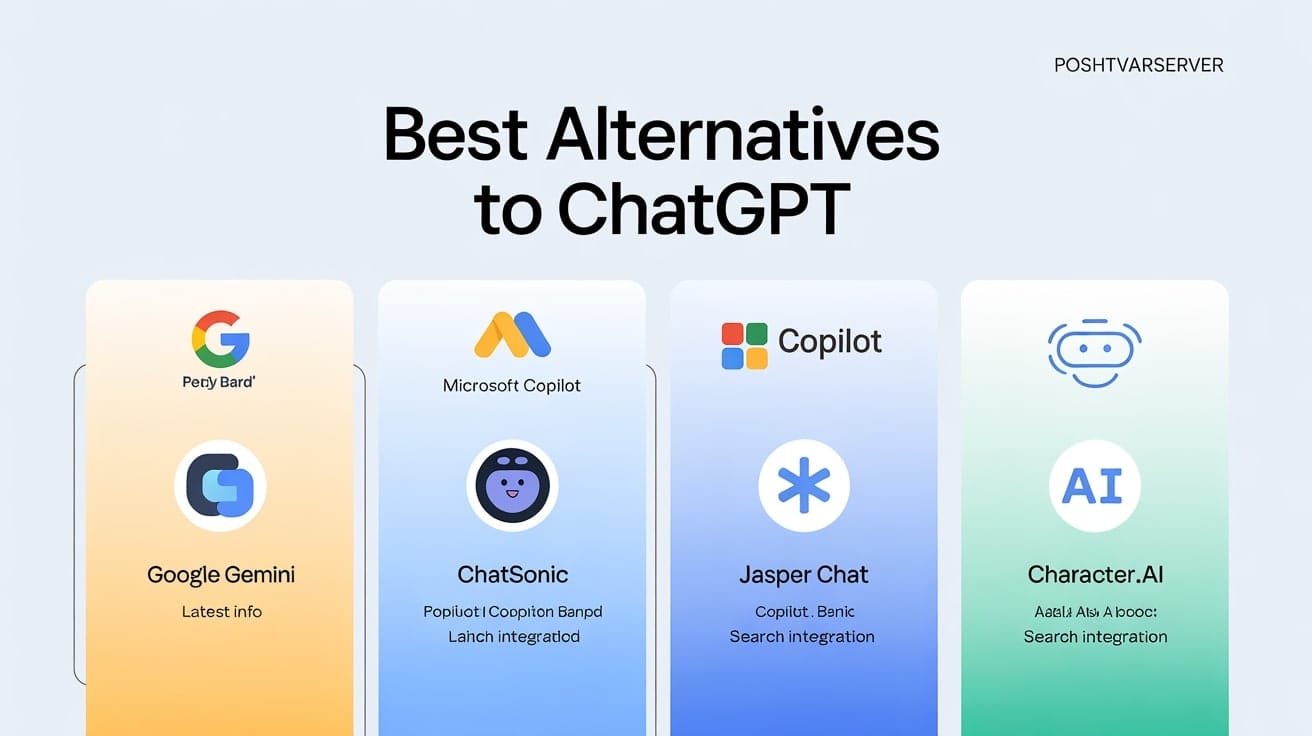 اینفوگرافیک مقایسه بهترین جایگزین‌های ChatGPT شامل Google Gemini، Microsoft Copilot، Chatsonic، Jasper و Character.AI، مرتبط با معرفی ChatGPT و کاربردهای آن.