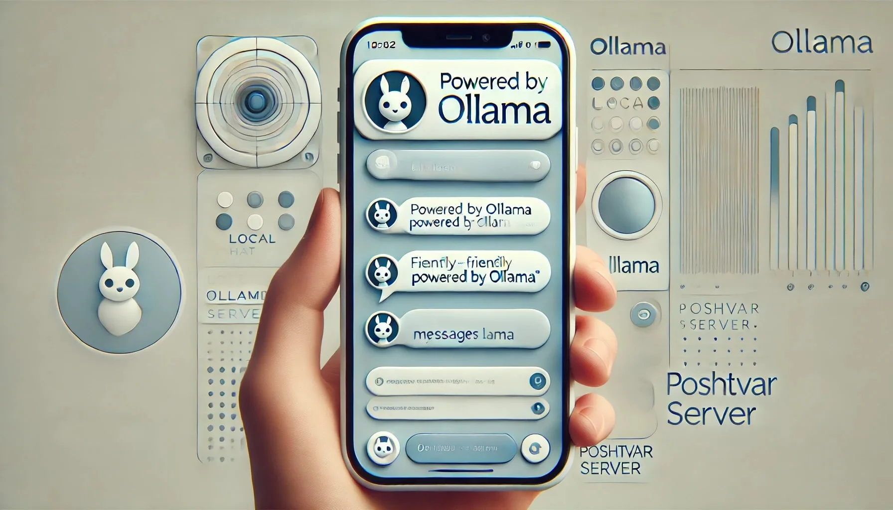 تصویر دستی که یک گوشی هوشمند با رابط کاربری چت‌بات سفارشی مبتنی بر Ollama را نشان می‌دهد، نمونه‌ای از آموزش کار با Ollama محلی برای ساخت دستیاران مجازی.
