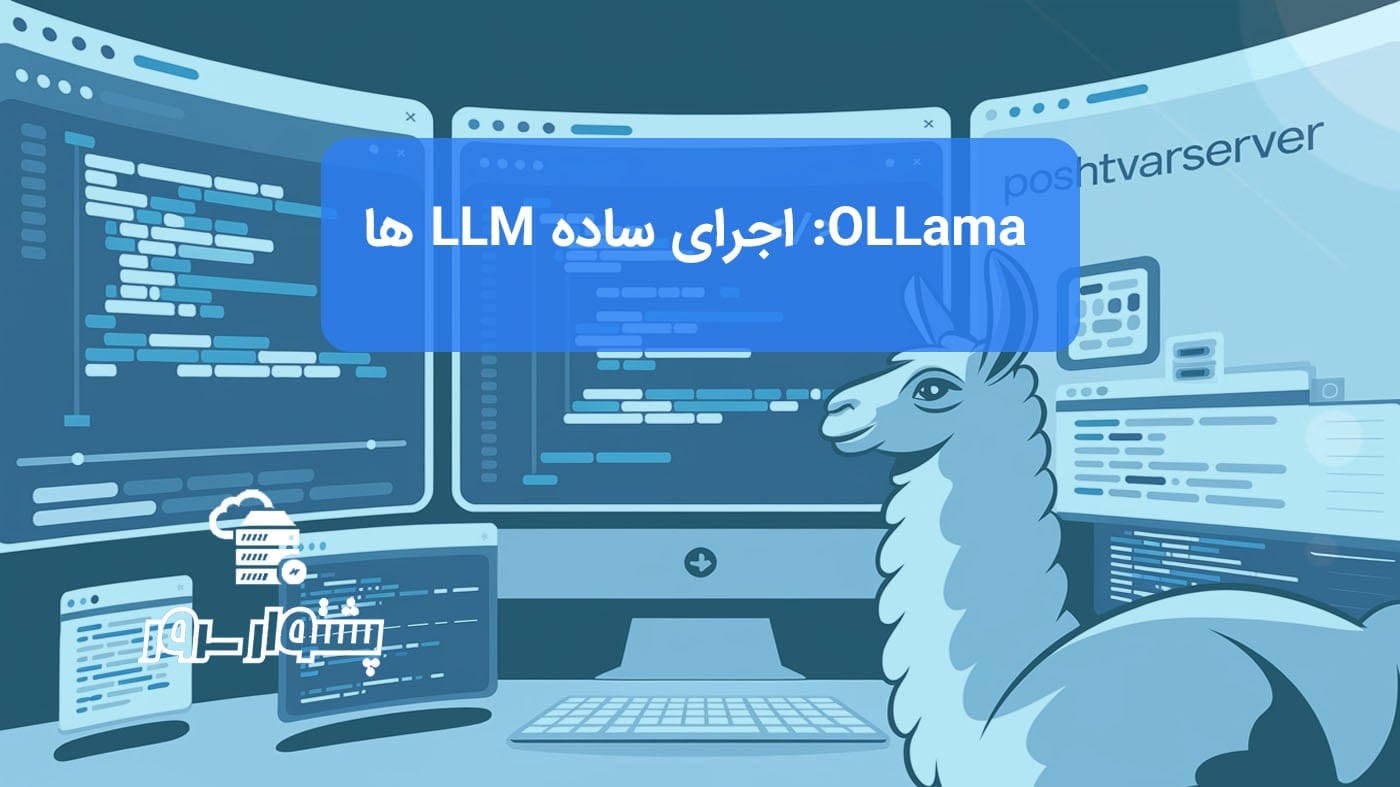 تصویر مفهومی از ابزار Ollama با لوگوی لاما و کامپیوتر، نشان‌دهنده معرفی Ollama و اجرای LLM به صورت محلی و ابزار هوش مصنوعی Ollama.