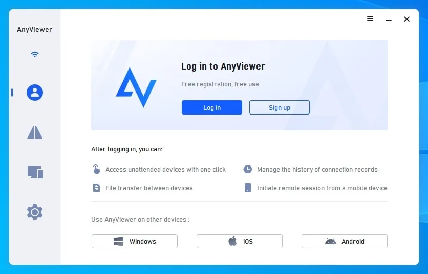 صفحه ورود و ثبتنام در نرمافزار AnyViewer برای ایجاد حساب کاربری و مدیریت اتصالات به عنوان جایگزین RDP.