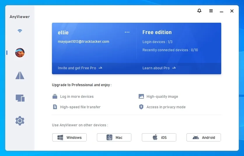 داشبورد نرمافزار AnyViewer پس از ورود موفق به حساب کاربری، آماده برای برقراری اتصال از راه دور به عنوان جایگزین RDP.