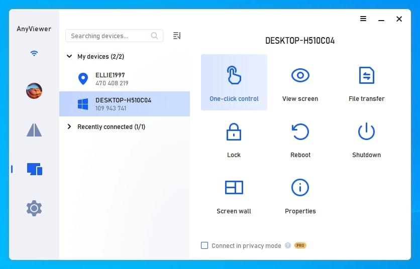 بخش Devices در AnyViewer با لیست کامپیوترهای راه دور برای انتخاب و برقراری اتصال به عنوان جایگزین RDP.