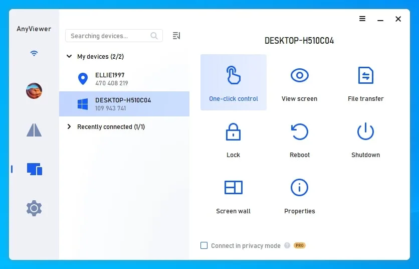 بخش Devices در AnyViewer با لیست کامپیوترهای راه دور برای انتخاب و برقراری اتصال به عنوان جایگزین RDP.