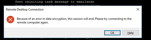 تصویر پیغام خطای "Because of an error in data encryption" در اتصال Remote Desktop (RDP)، نشاندهنده مشکل Encryption در Remote Desktop.