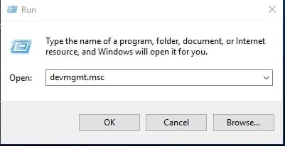 باز کردن Device Manager با تایپ devmgmt.msc در پنجره Run برای دسترسی به تنظیمات کارت شبکه RDP.