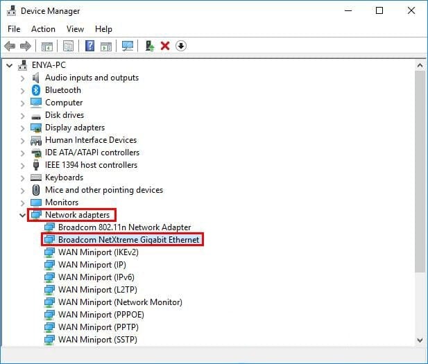 انتخاب کارت شبکه Broadcom NetXtreme Gigabit Ethernet از لیست Network adapters در Device Manager برای تغییر تنظیمات کارت شبکه RDP.