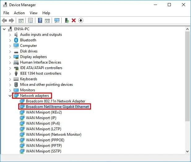 انتخاب کارت شبکه Broadcom NetXtreme Gigabit Ethernet از لیست Network adapters در Device Manager برای تغییر تنظیمات کارت شبکه RDP.
