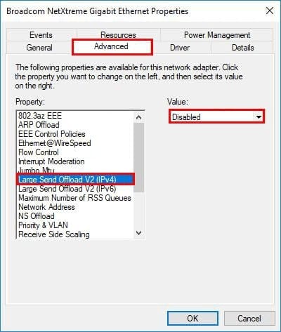 غیرفعال کردن Large Send Offload V2 (IPv4) در تب Advanced خصوصیات کارت شبکه برای رفع خطای RDP رمزگذاری داده.