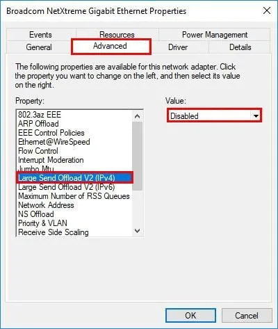 غیرفعال کردن Large Send Offload V2 (IPv4) در تب Advanced خصوصیات کارت شبکه برای رفع خطای RDP رمزگذاری داده.