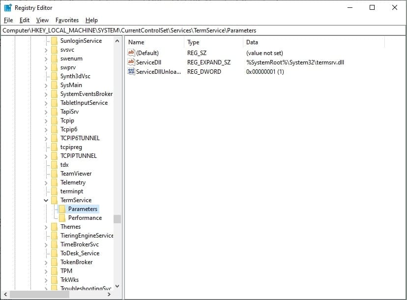 مسیر HKEY_LOCAL_MACHINE\SYSTEM\CurrentControlSet\Services\TermService\Parameters در Registry Editor برای یافتن کلیدهای گواهی RDP.
