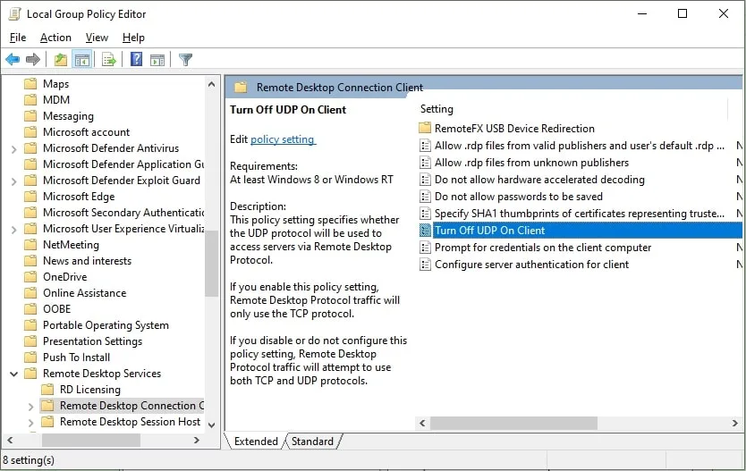 مسیر پالیسی Turn off UDP on Client در Local Group Policy Editor برای حل ارور Data Encryption RDP.