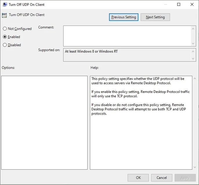 فعال کردن پالیسی Turn off UDP on Client در Local Group Policy Editor برای رفع خطای RDP رمزگذاری داده.