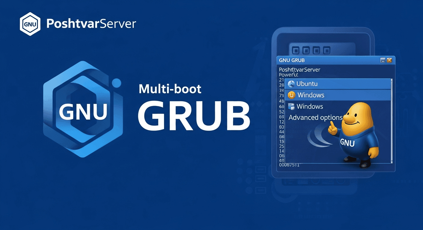 تصویر مفهومی از بوت لودر GNU GRUB با منوی انتخاب سیستمعامل، به عنوان یکی از بهترین بوت لودرهای لینوکس.
