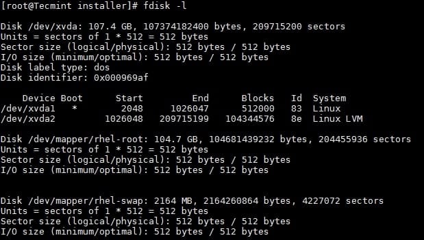 روجی دستور fdisk -l در ترمینال لینوکس که پارتیشنهای موجود سرور را قبل از افزودن دیسک جدید نمایش میدهد.