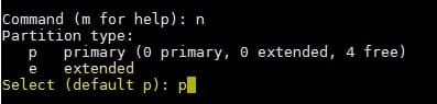 انتخاب نوع پارتیشن به عنوان primary (p) در محیط fdisk برای پارتیشن بندی دیسک لینوکس با fdisk