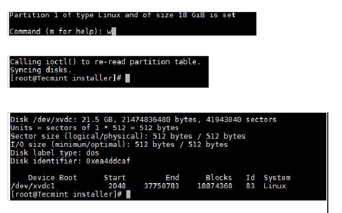 وارد کردن دستور 'w' در fdisk برای نوشتن تغییرات جدول پارتیشن روی دیسک و خروج، گام نهایی در پارتیشن بندی دیسک لینوکس با fdisk.