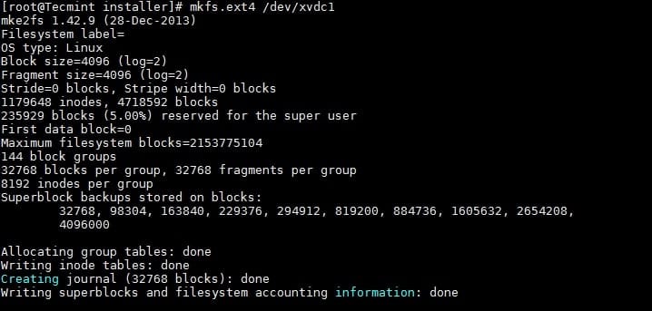 خروجی دستور mkfs.ext4 /dev/xvdc1 در ترمینال لینوکس، نشاندهنده فرمت کردن پارتیشن جدید برای استفاده در فرآیند افزودن دیسک جدید به سرور لینوکس.