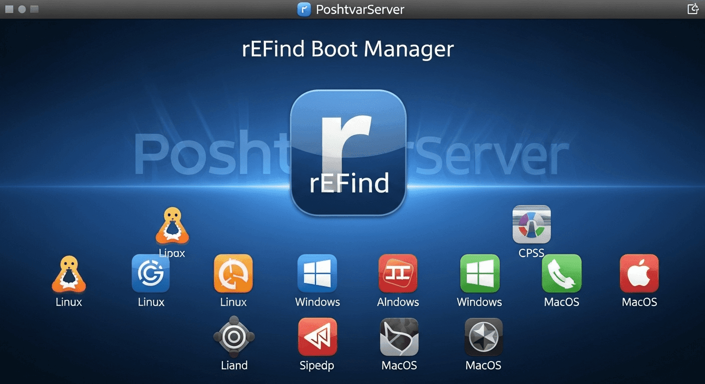 لوگوی rEFInd Boot Manager، ابزاری برای مدیریت بوت چندگانه لینوکس با رابط کاربری گرافیکی جذاب.