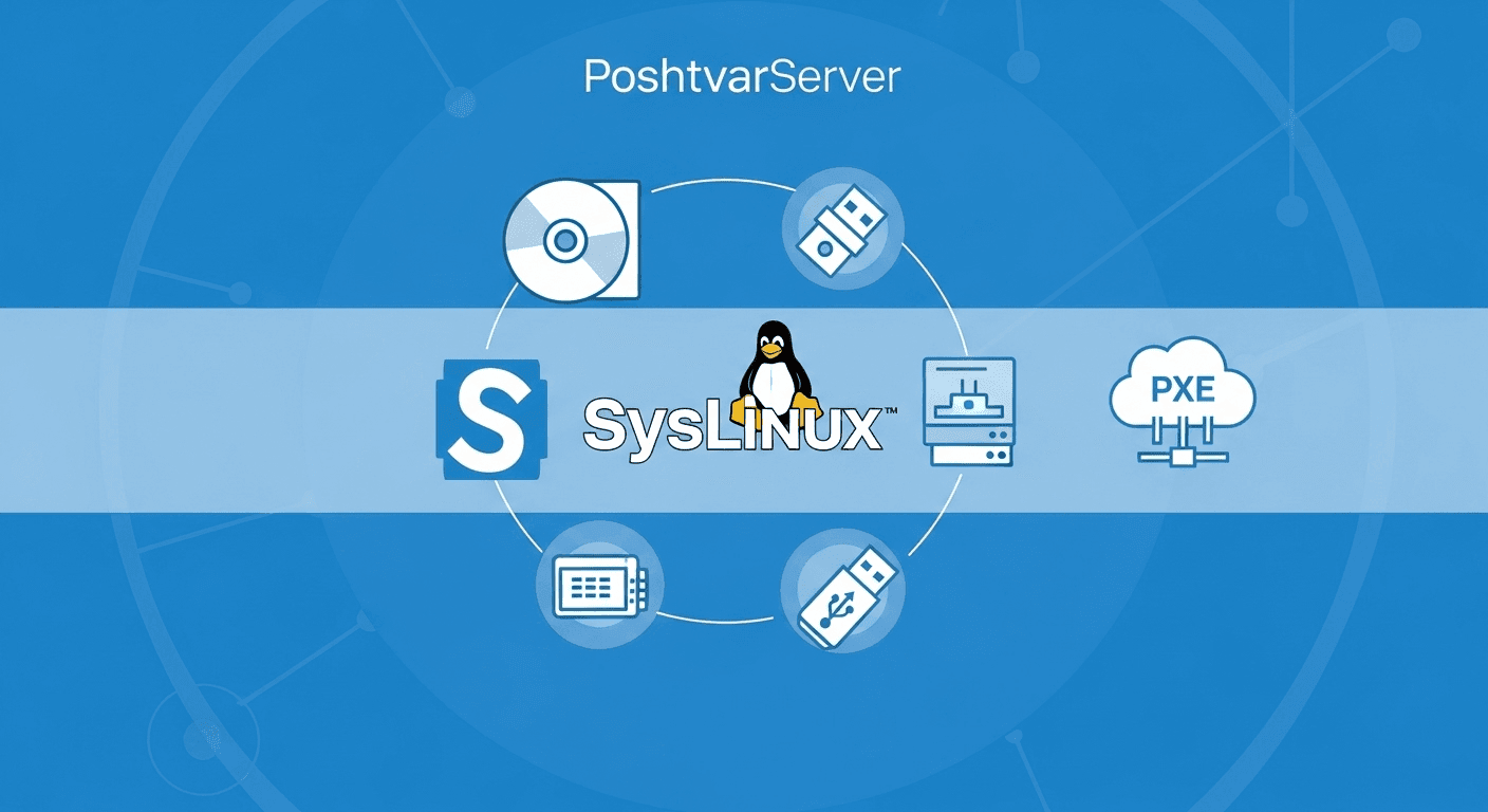 تصویر مفهومی از بوت لودر Syslinux با نمادهای CD-ROM، USB و شبکه، نشاندهنده قابلیت بوت از رسانههای مختلف.