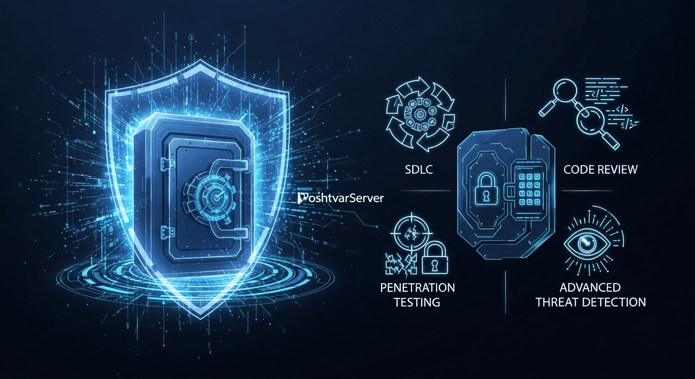  تصویر مفهومی از یک سپر دیجیتال پیچیده، نمادی از تکنیک‌های پیشرفته امنیت وب‌سایت مانند SDLC، بازبینی کد و تست نفوذ.